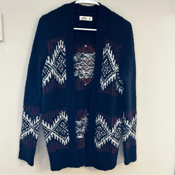 Hollister Open Front Cardigan Wool Blend Sweater In Navy Aztec Pattern Size Med - Picture 1 of 7